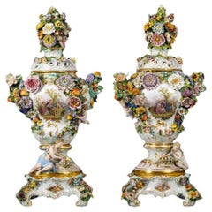A Pair of Meissen Porcelain Flower-Encrusted Vases, Covers and Stands