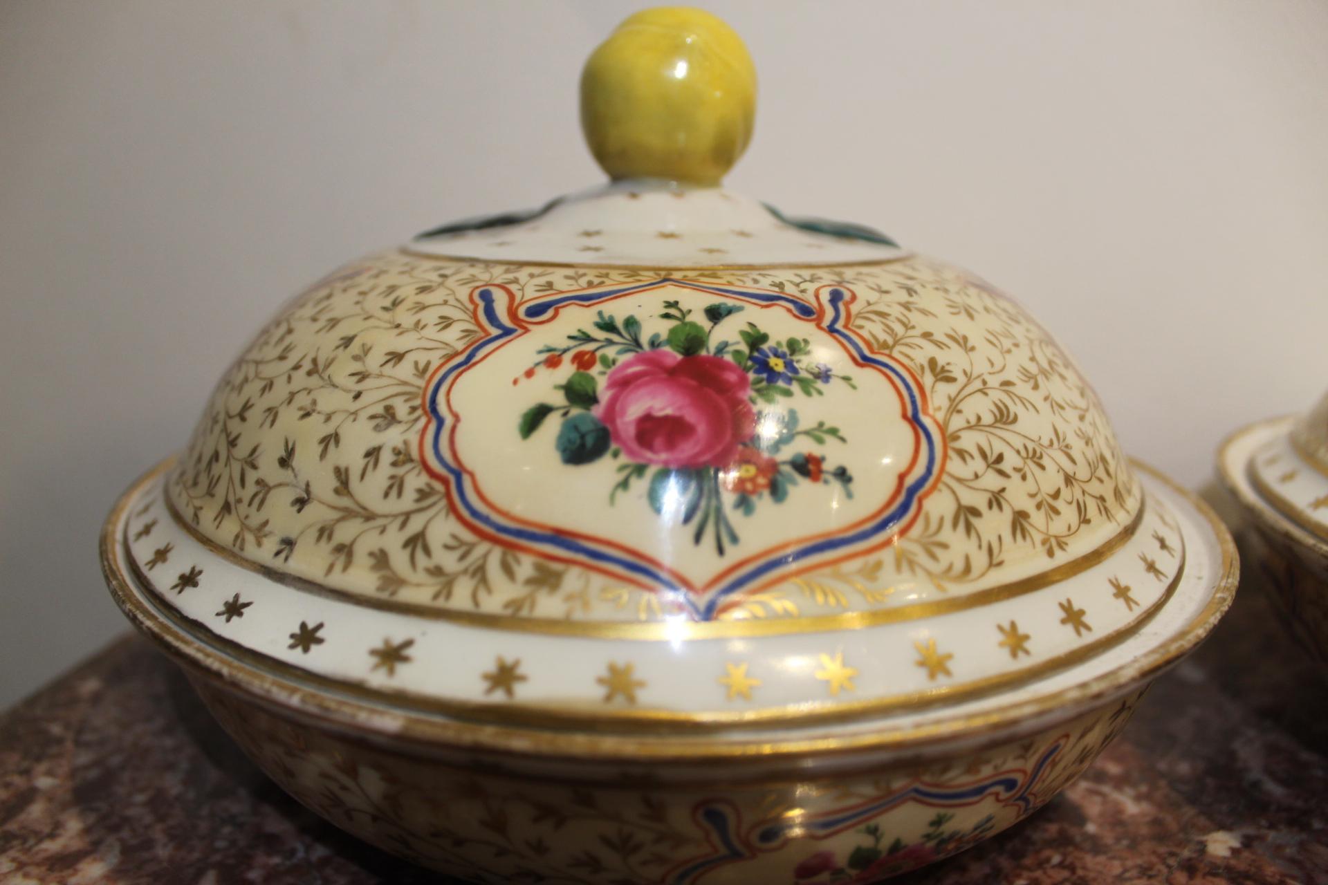 A pair of Meissen porcelain lidded bowls with lemon finials. Of a round shape, the bowls are covered in a gilt star pattern against a cream ground. They feature medallion-enclosed floral bouquets and are each topped by a sculptural lemon finial.