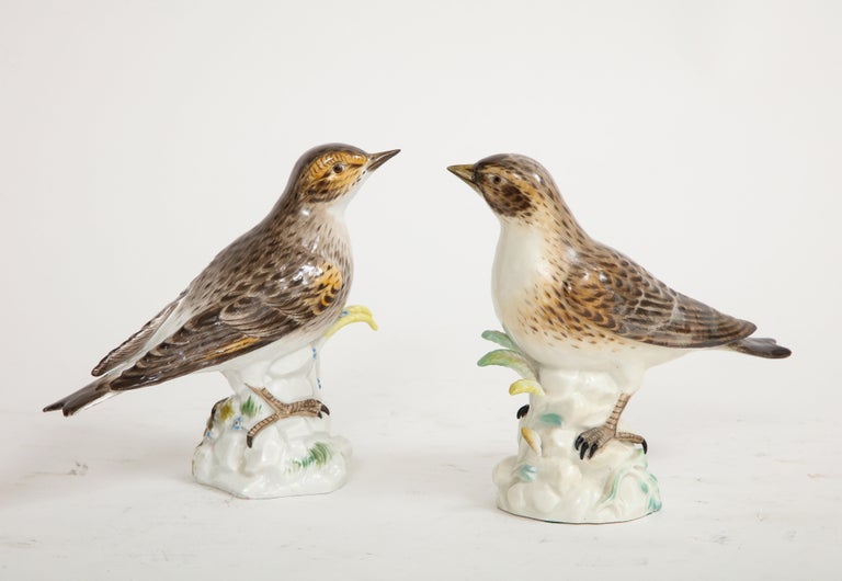 A 19TH CENTURY MEISSEN PAINTED PORCELAIN MODEL OF A THRUSH Standing On A  Tree Stump, With Underglazed Blue Crossed Swords Mark To Base And Incised