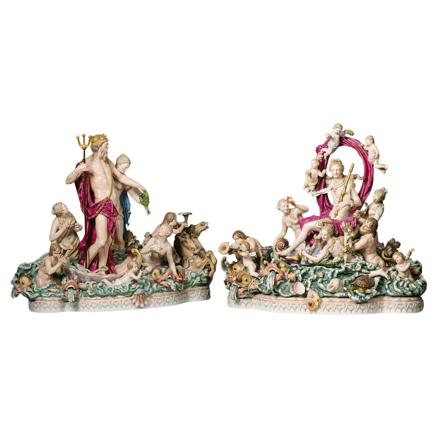 Pareja De Grupos Figurales Mitológicos De Porcelana De Meissen