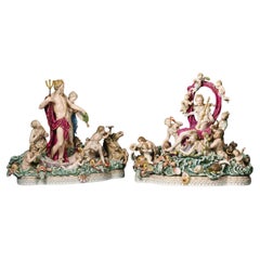 Pareja De Grupos Figurales Mitológicos De Porcelana De Meissen