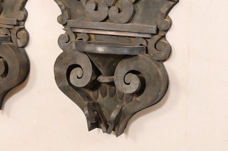A Pair of Mexican Tin Decorative Wall Shelves w/Volute, Scroll, and Leaf Motif For Sale at 1stDibs