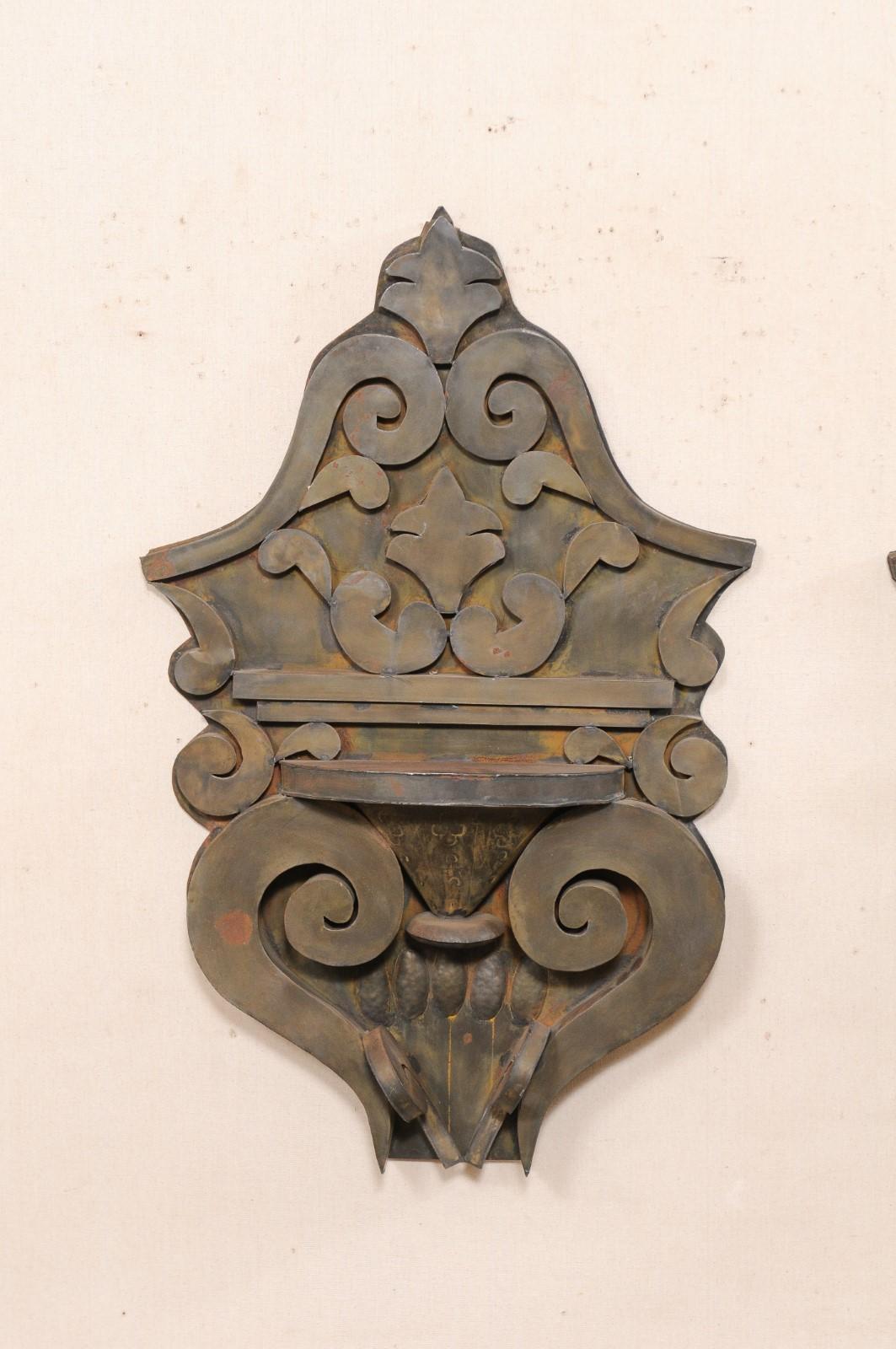 A Pair of Mexican Tin Decorative Wall Shelves w/Volute, Scroll, & Leaf Motif In Good Condition For Sale In Atlanta, GA