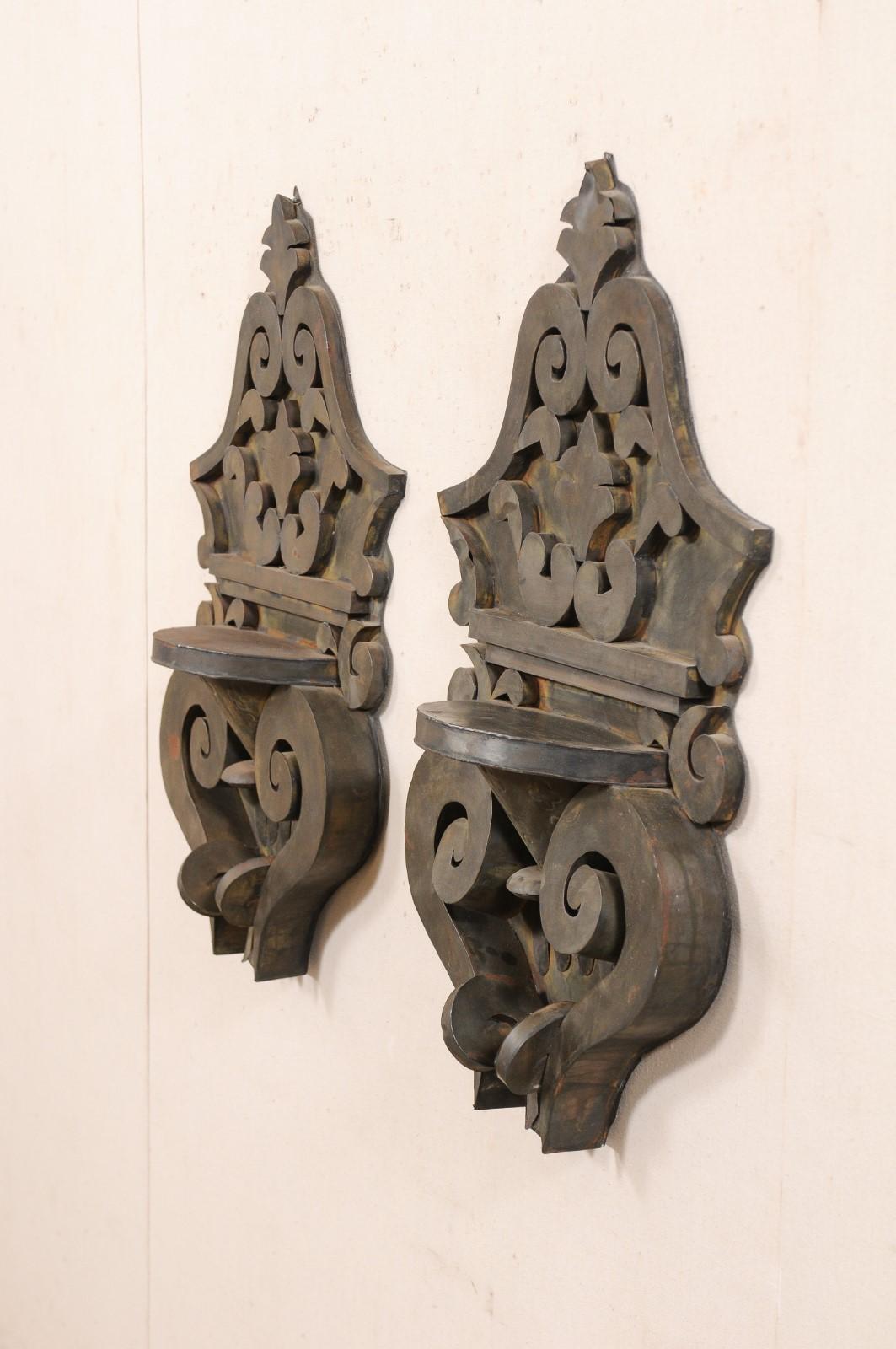 A Pair of Mexican Tin Decorative Wall Shelves w/Volute, Scroll, & Leaf Motif For Sale 1