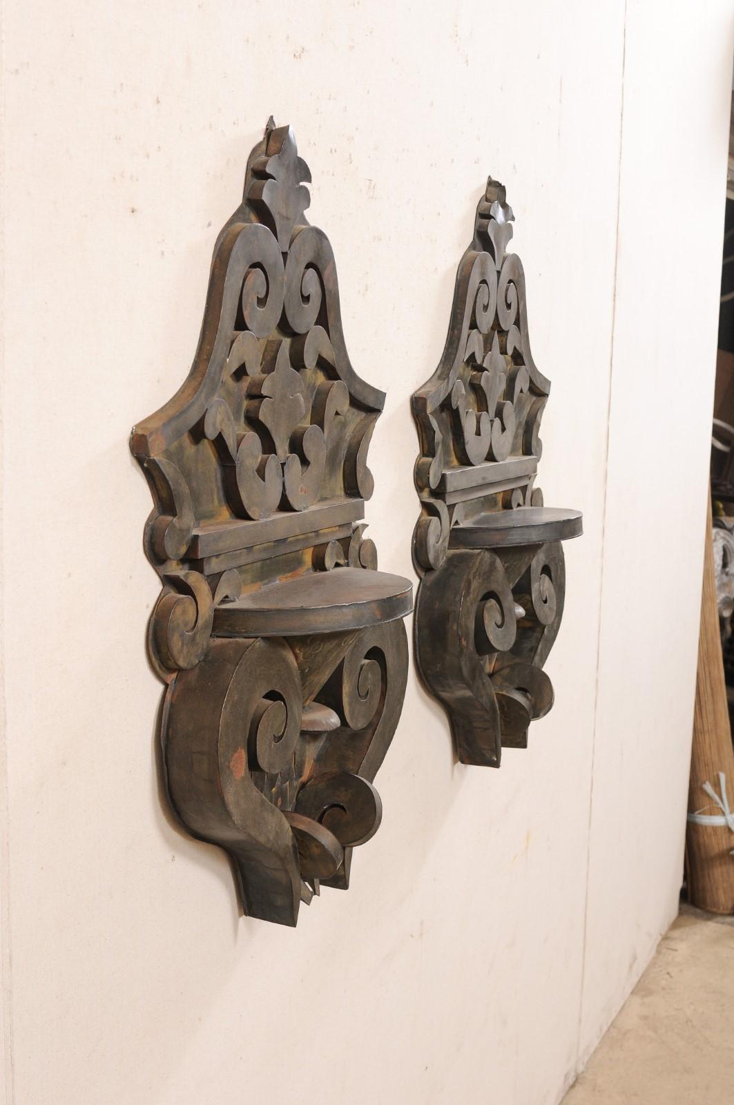 A Pair of Mexican Tin Decorative Wall Shelves w/Volute, Scroll, & Leaf Motif For Sale 2