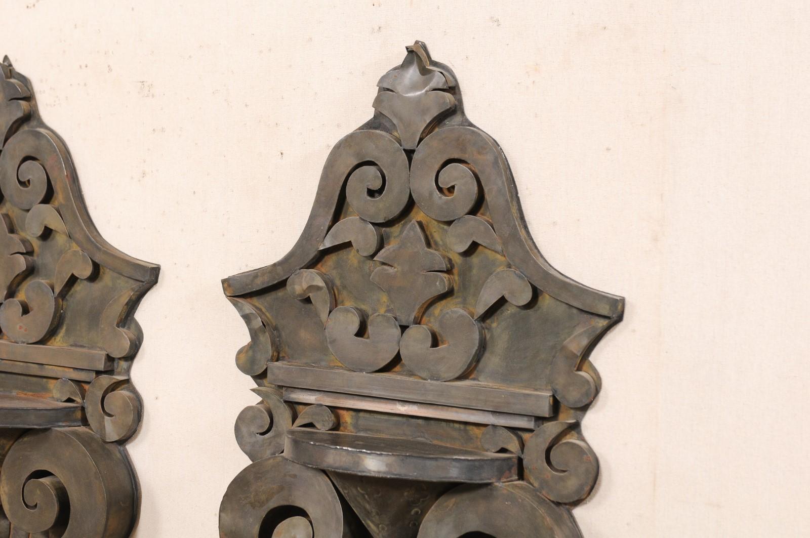 A Pair of Mexican Tin Decorative Wall Shelves w/Volute, Scroll, & Leaf Motif For Sale 5