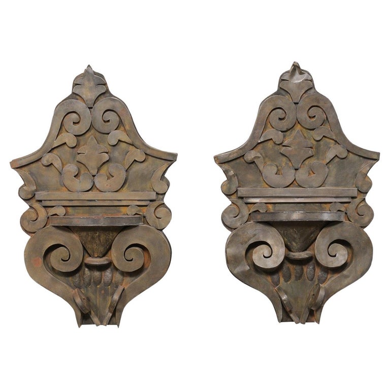A Pair of Mexican Tin Decorative Wall Shelves w/Volute, Scroll, and Leaf Motif For Sale at 1stDibs