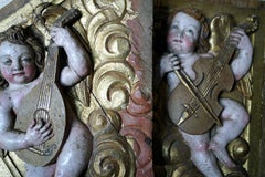 Pair of Mid 18thC Carved, Gilded & Polychrome Painted Putti Musicians