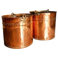 Antique Pair of Mid-190th Century Copper Riveted Log Buckets