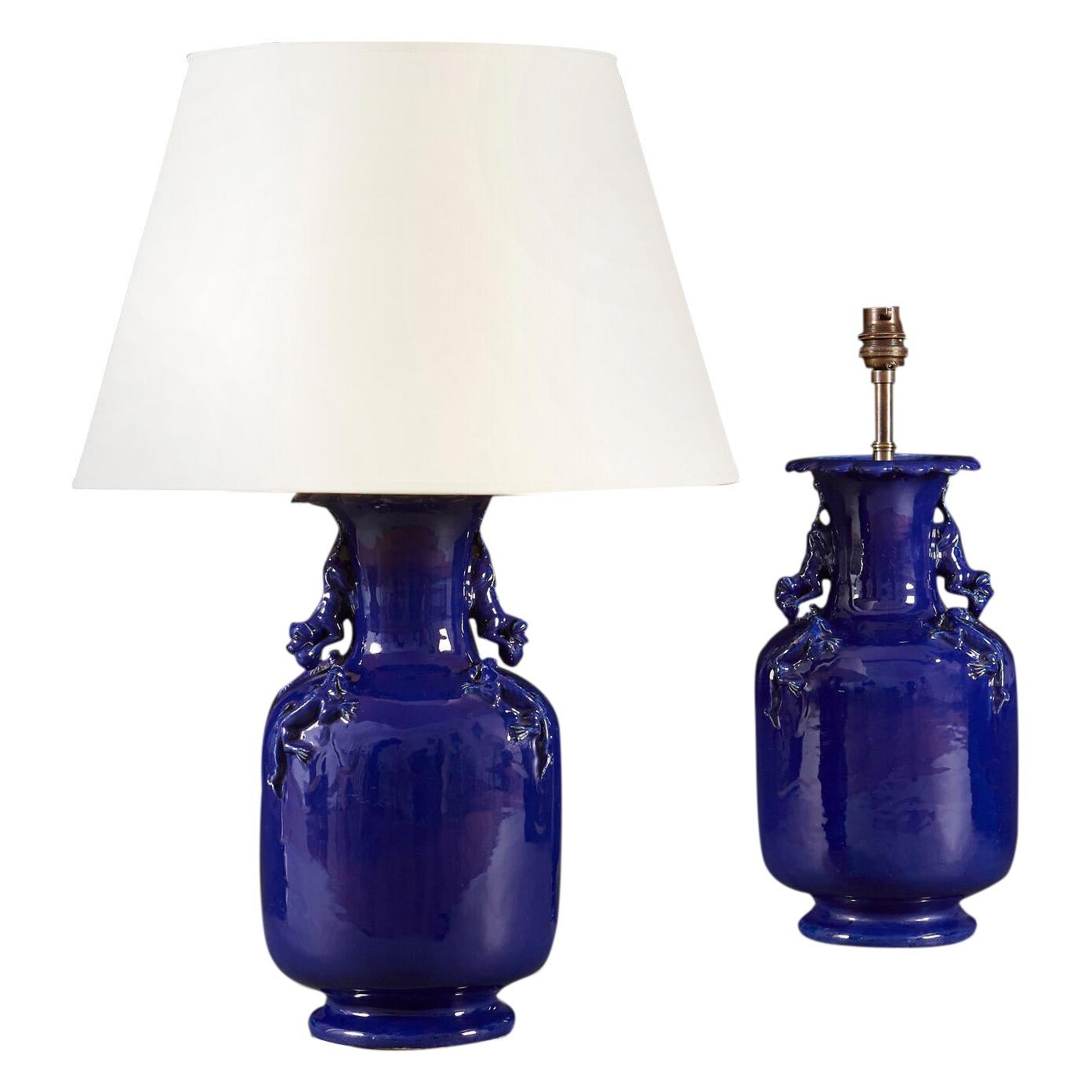 Pair of Mid 19th Century Blue French Dragon Vases as Table Lamps