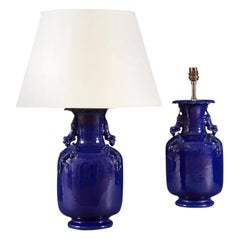 Antique Pair of Mid 19th Century Blue French Dragon Vases as Table Lamps