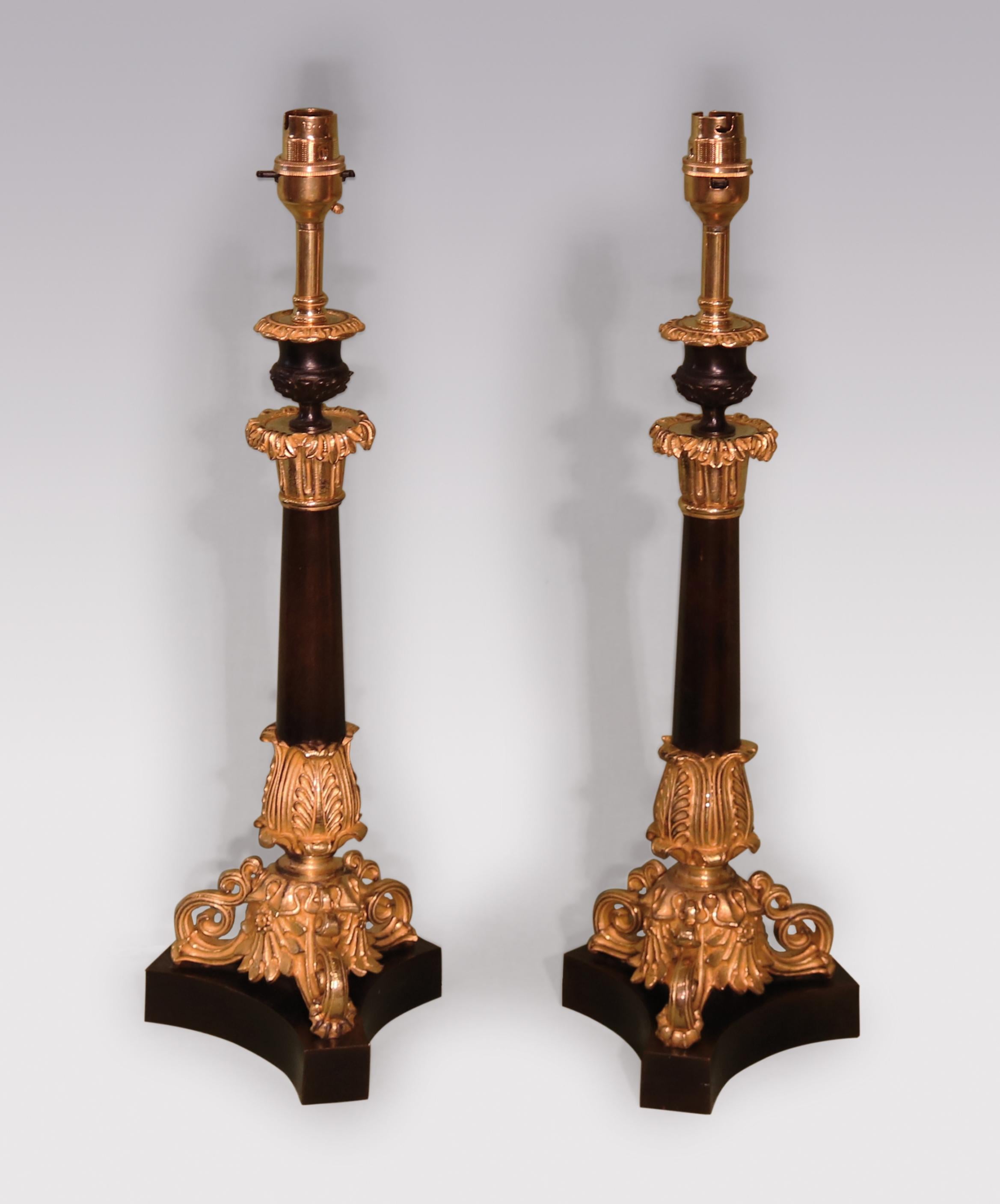 Early Victorian Pair of Mid 19th Century Bronze and Ormolu Candlestick Lamps For Sale