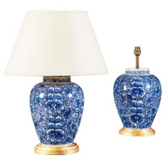Pair of Mid 19th Century Delft Lamps with Foliate Designs