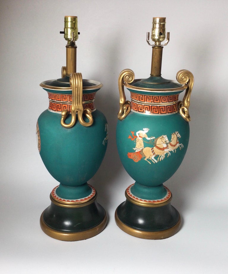 Pair of Mid 19th Century Paris Porcelain Neoclassical Lamps In Good Condition In Lambertville, NJ