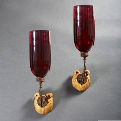 Pair of Mid-19th Century Wall Sconces with Red Glass Hurricane Shades
