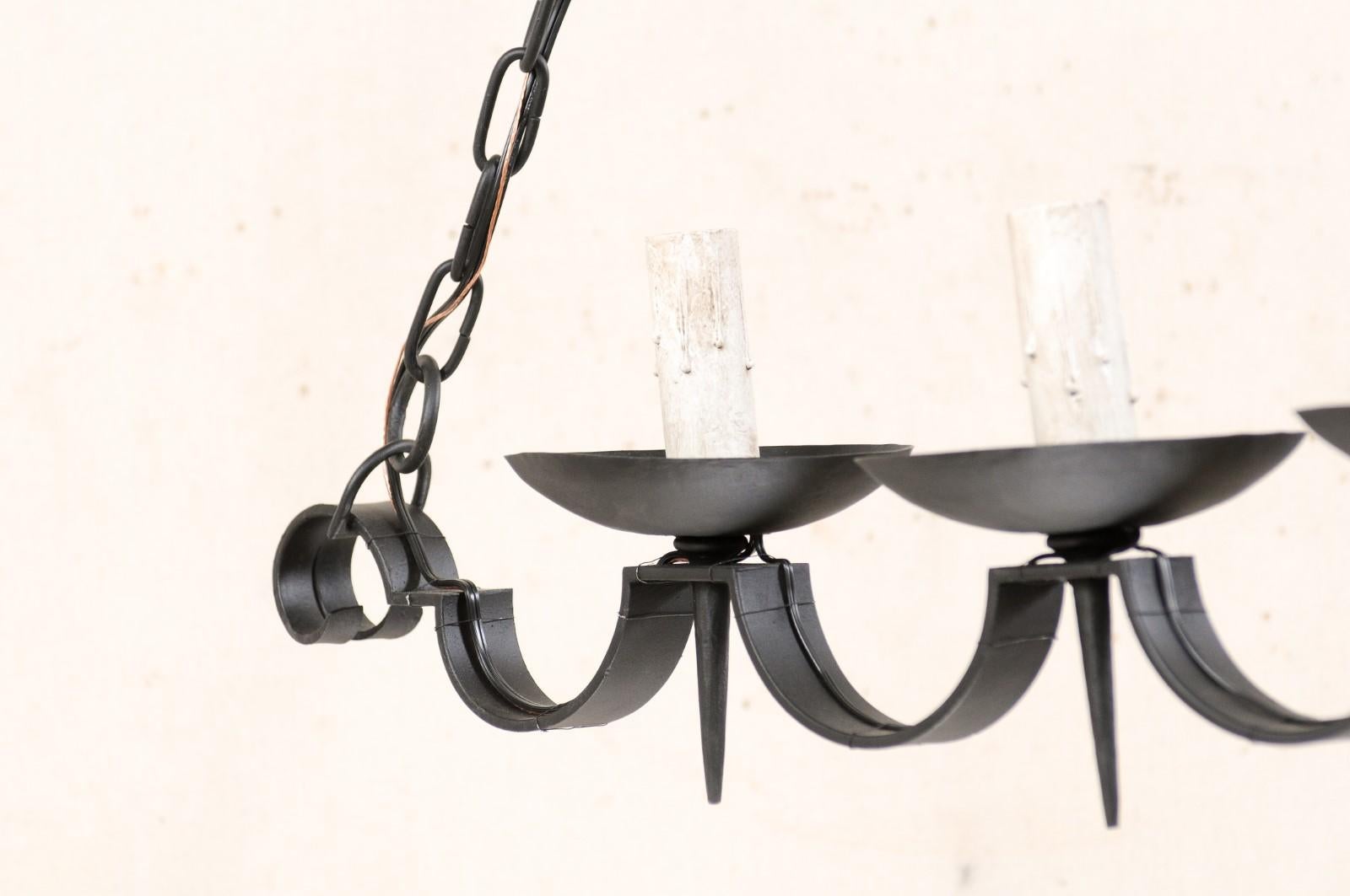 French Pair of Black Iron Scalloped Chandeliers, Great for a Kitchen Island!  5