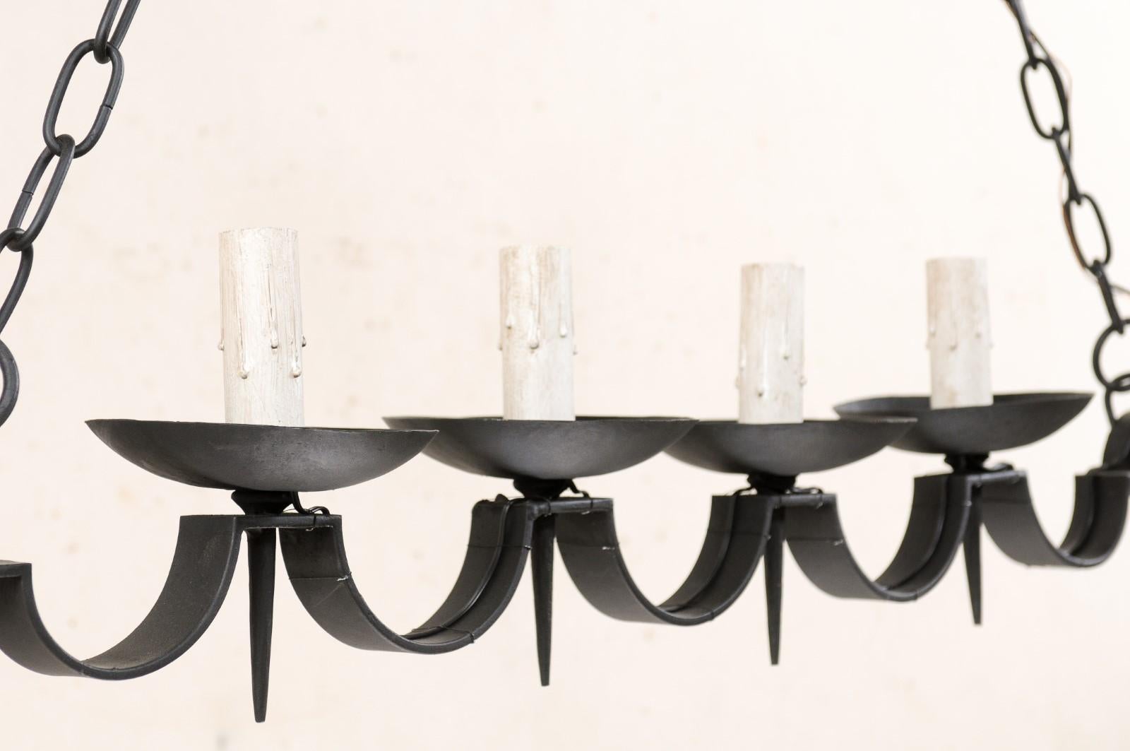 French Pair of Black Iron Scalloped Chandeliers, Great for a Kitchen Island!  2
