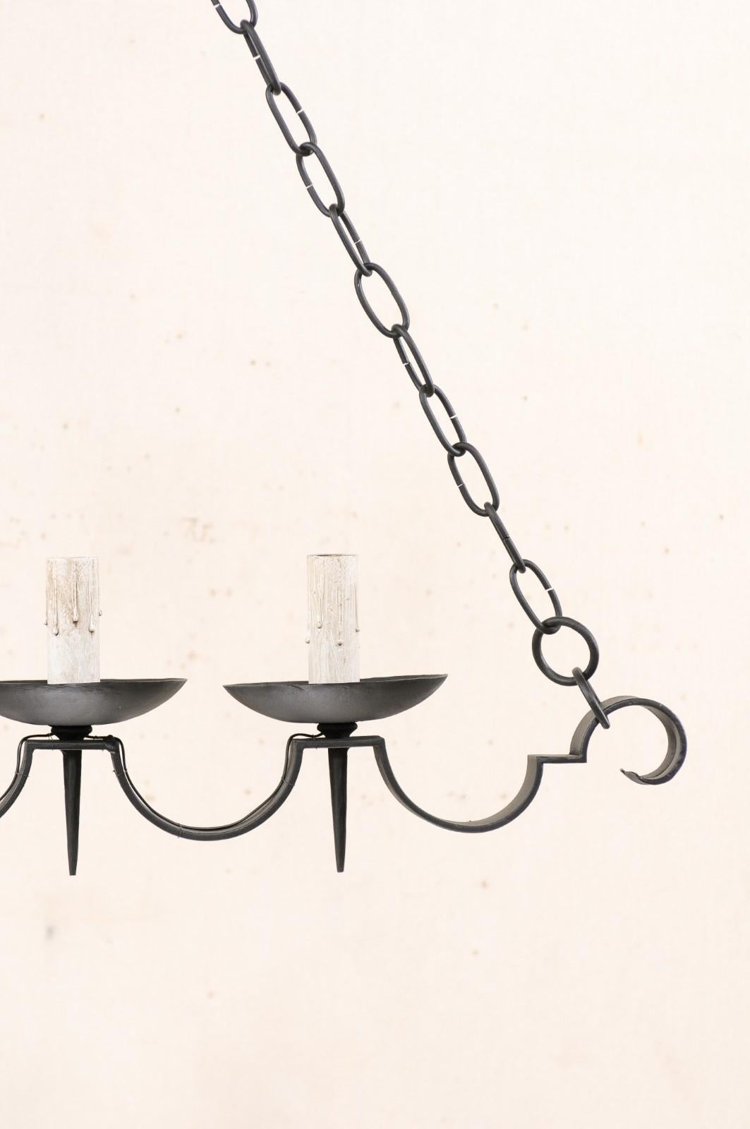 French Pair of Black Iron Scalloped Chandeliers, Great for a Kitchen Island!  3