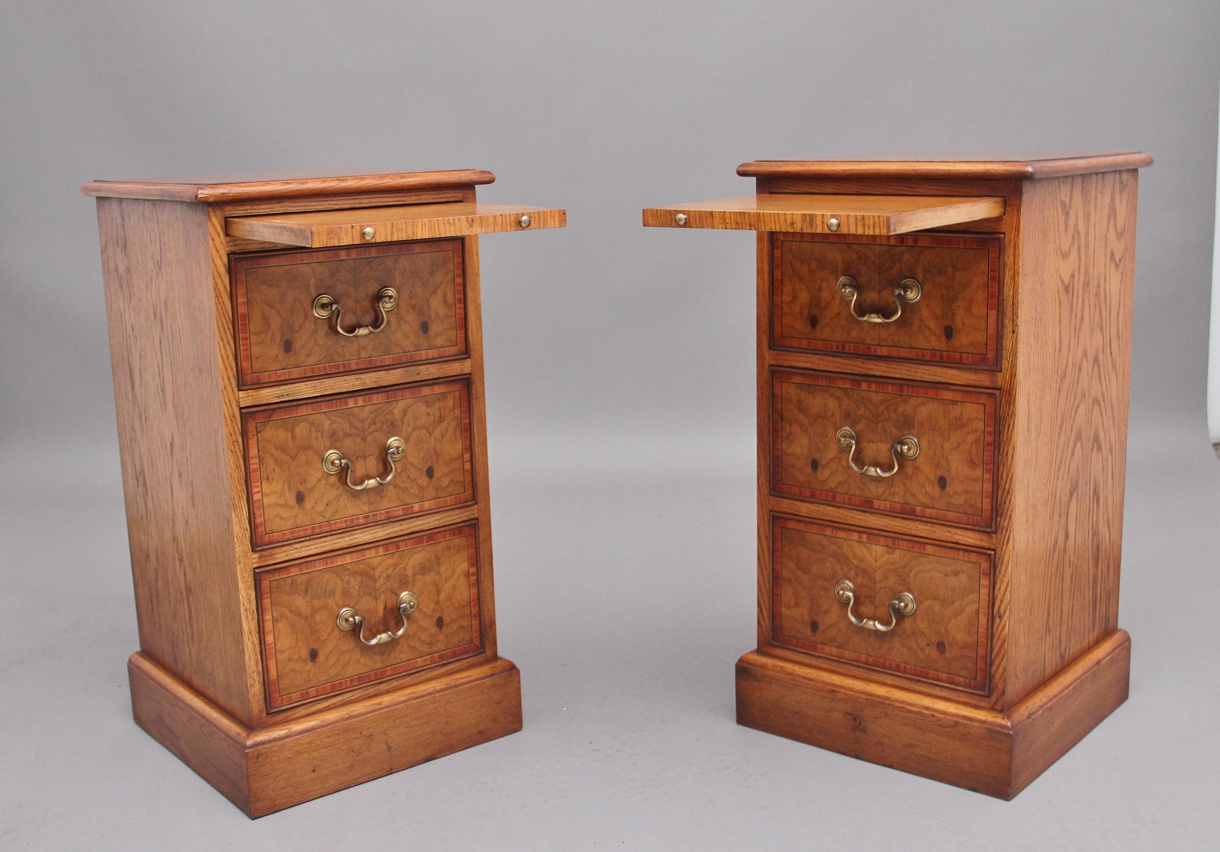 British Pair of Mid 20th Century Burr Oak Bedside Chests
