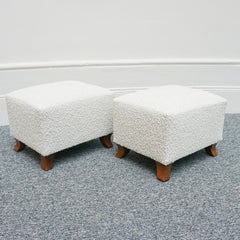 Pair of Mid-20th Century Footstools Re-Upholstered in White Bouclé