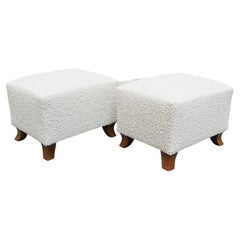 Pair of Mid-20th Century Footstools Re-Upholstered in White Bouclé