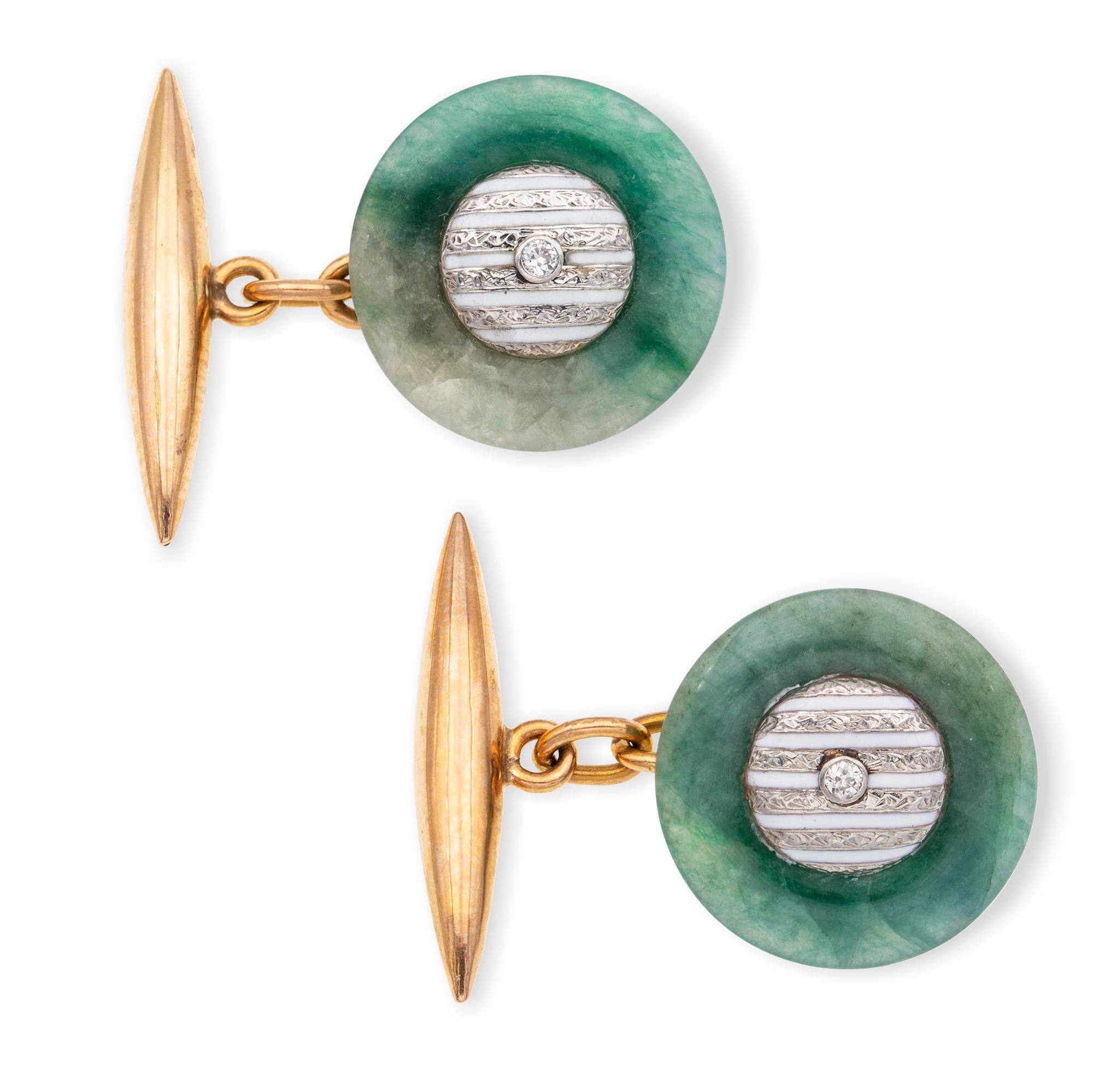 Modern Pair of Mid-20th Century Jade and Enamel Cufflinks For Sale