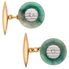 Vintage Pair of Mid-20th Century Jade and Enamel Cufflinks