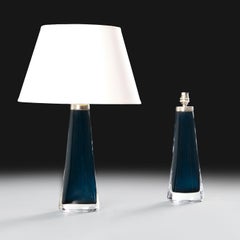 A Pair of Mid-20th Century Swedish Blue Glass Table Lamps by Orrefors