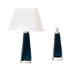 A Pair of Mid-20th Century Swedish Blue Glass Table Lamps by Orrefors