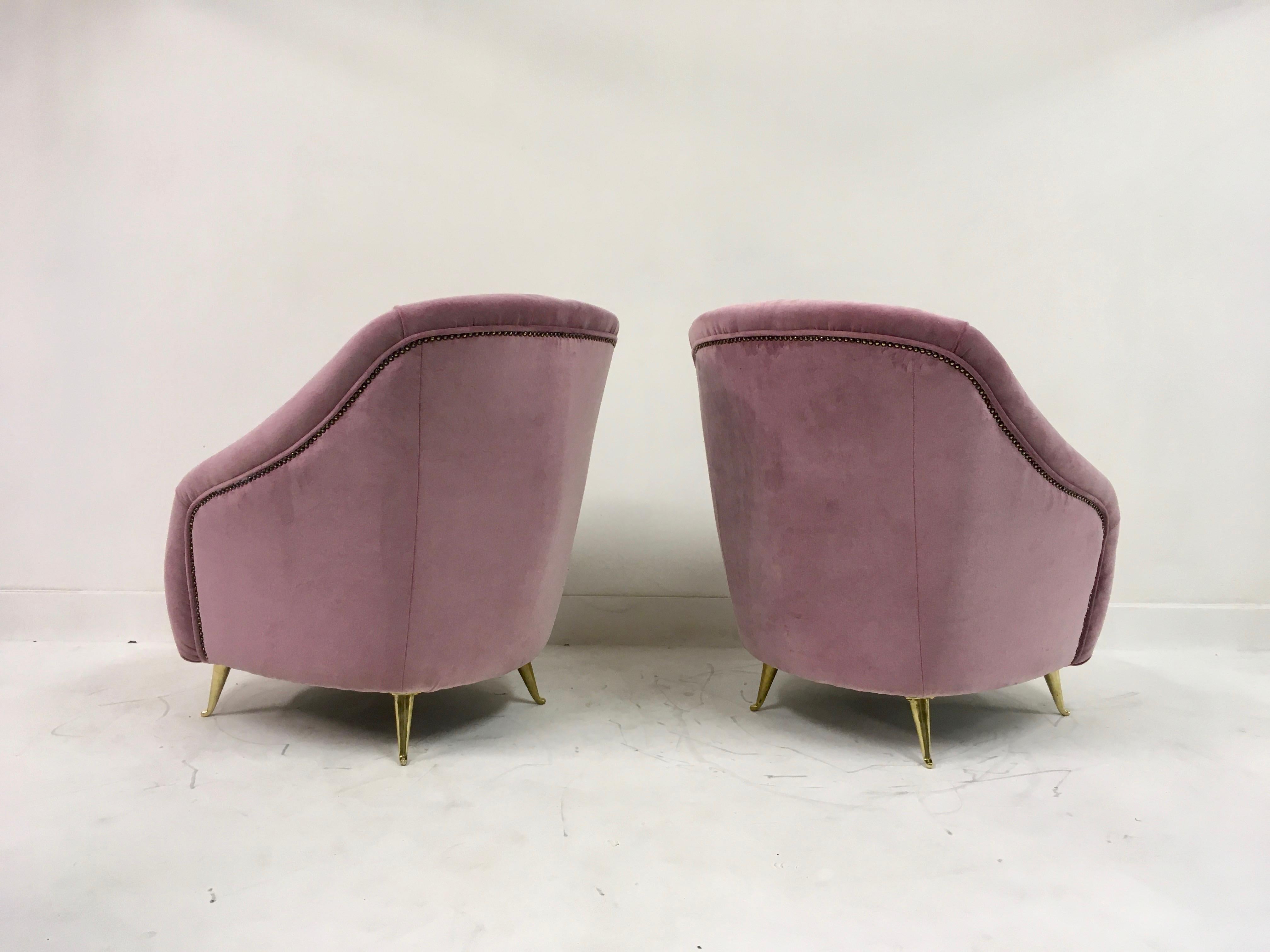 Brass Pair of Midcentury 1950s Italian Armchairs in Pink Velvet