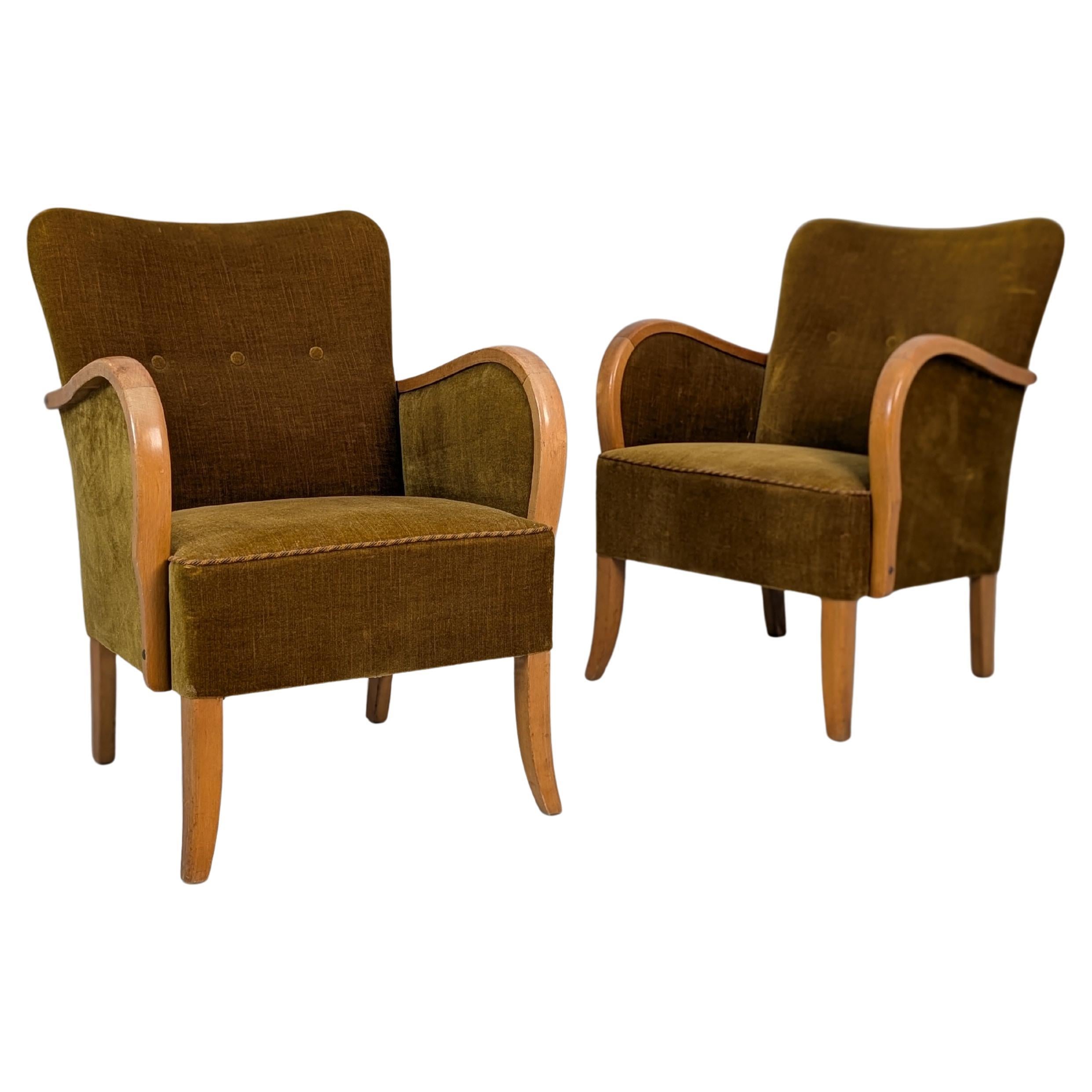 A Pair of Mid-Century Armchairs in Green and Birch, Finland 1950s