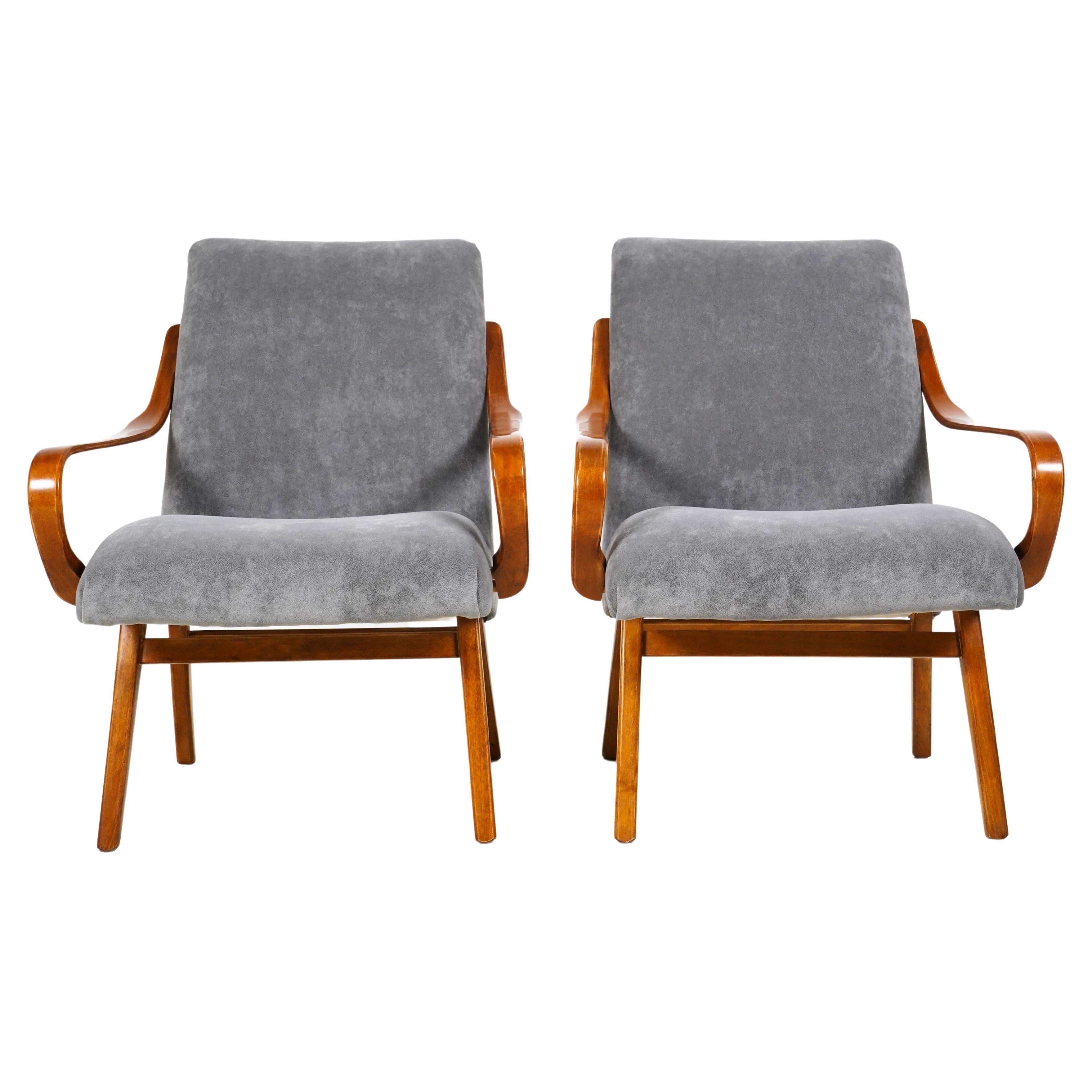 Pair of Midcentury Armchairs with Solid Beechwood Arms and Legs For Sale