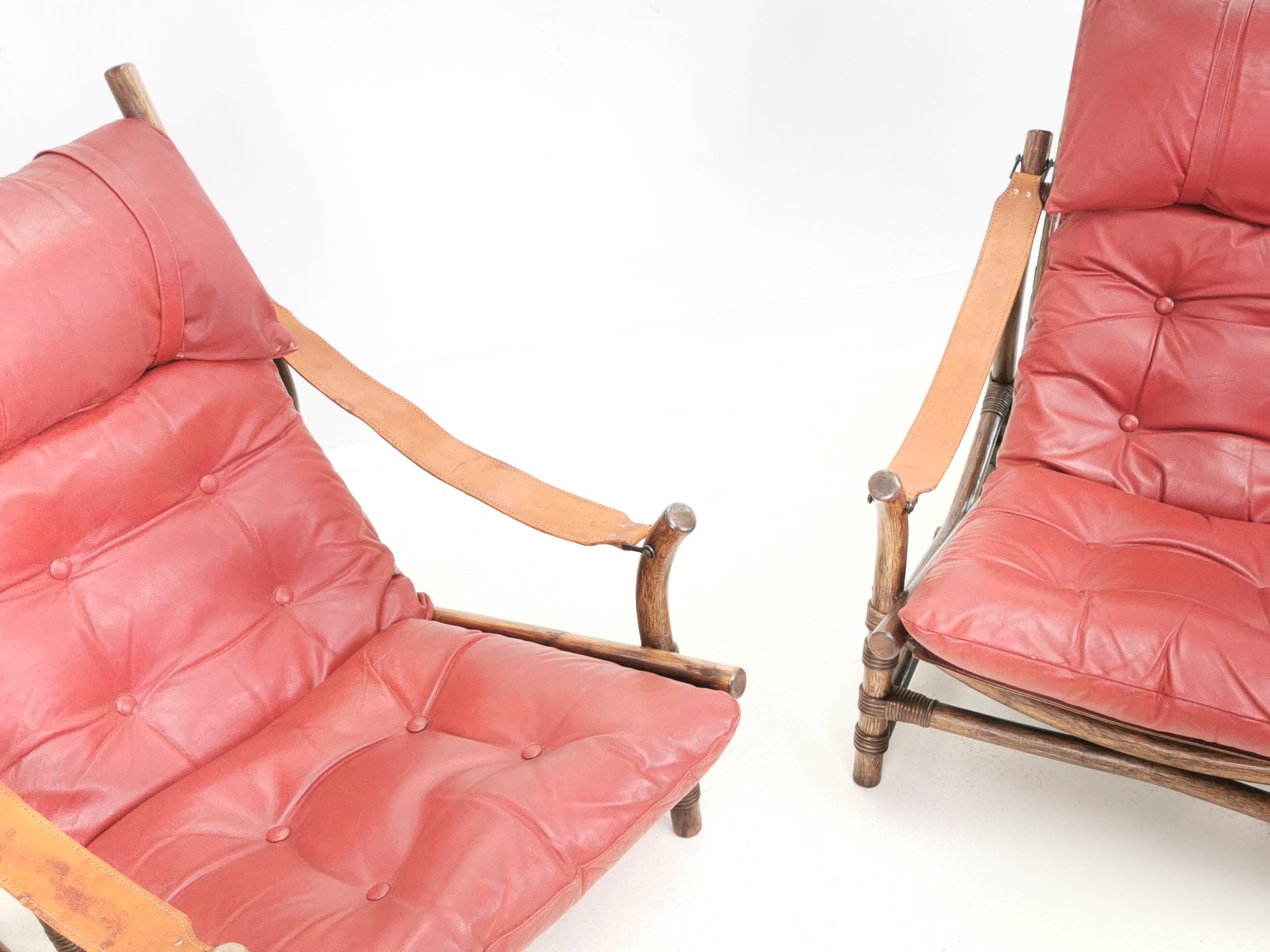 Pair of Mid Century Bamboo & Leather Lounge Chairs In Good Condition In STOKE ON TRENT, GB