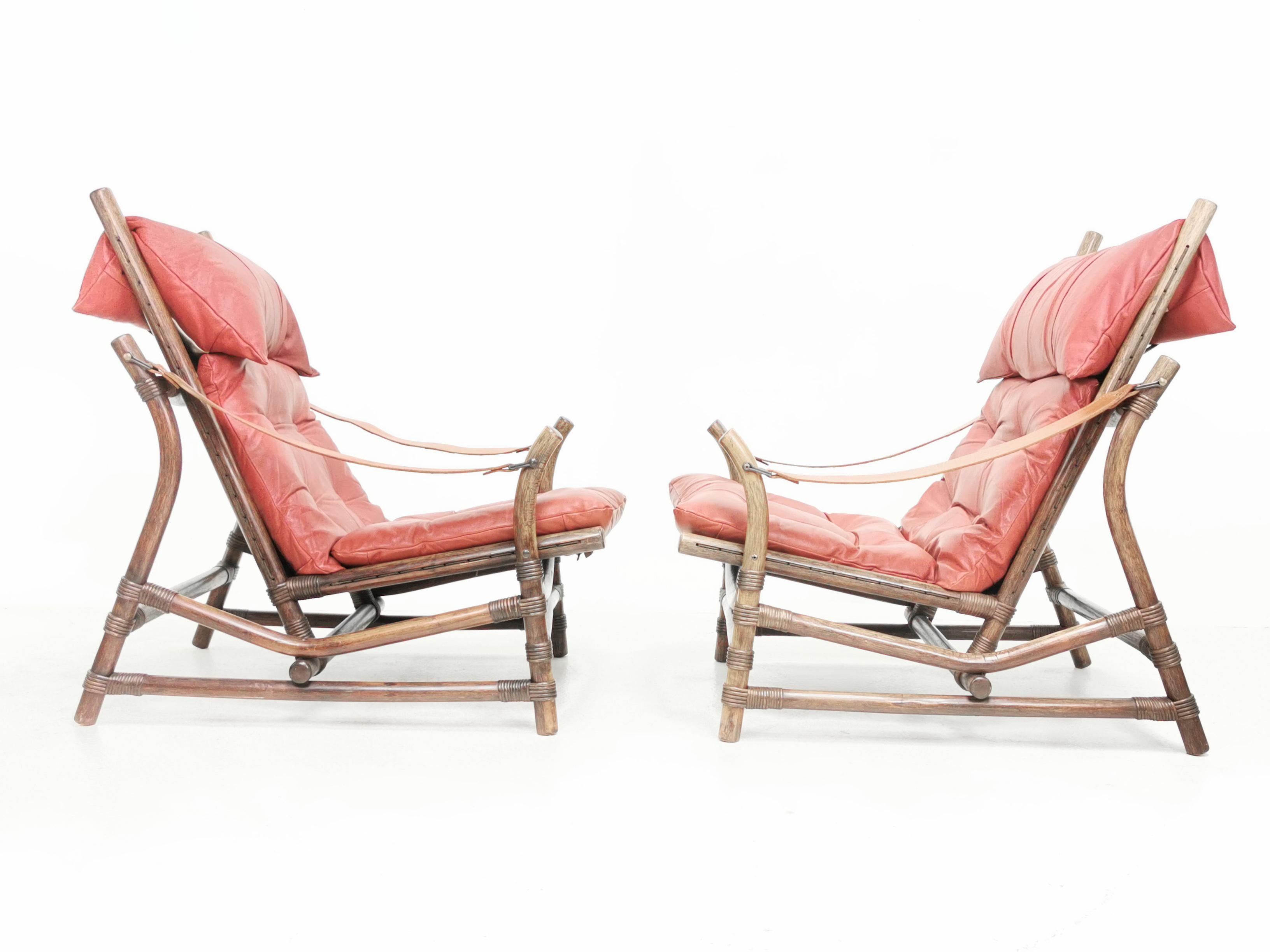 Pair of Mid Century Bamboo & Leather Lounge Chairs 2