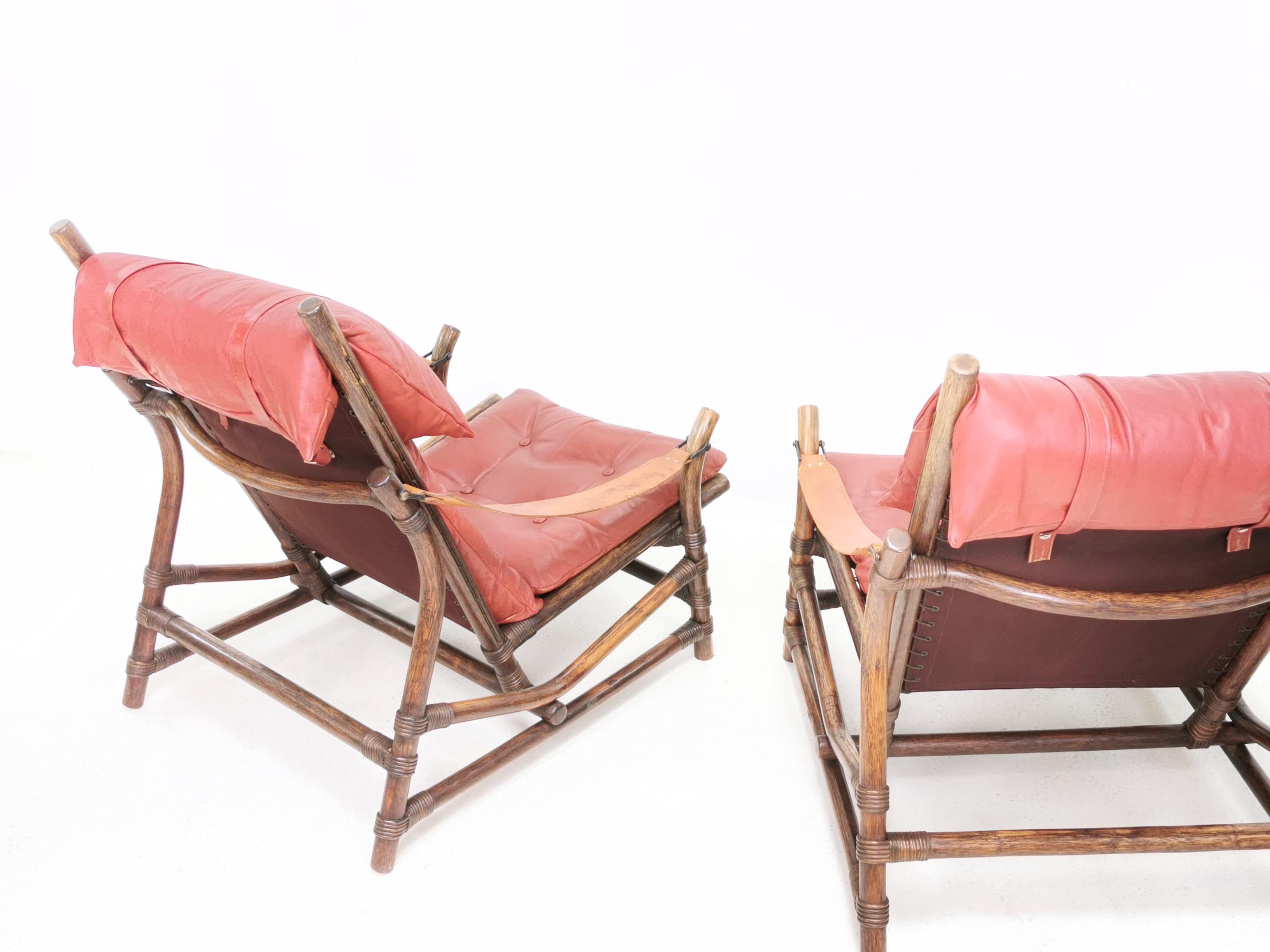 Pair of Mid Century Bamboo & Leather Lounge Chairs 4