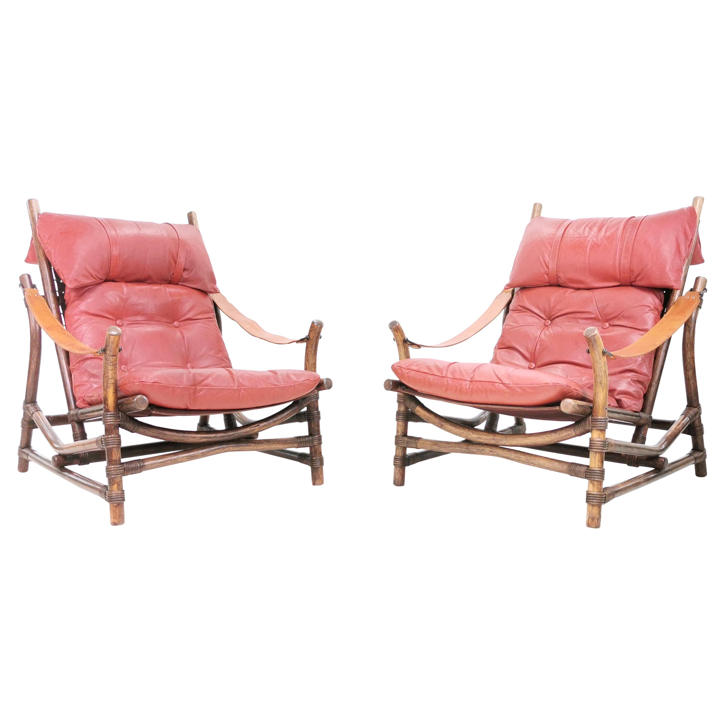 Pair of Mid Century Bamboo & Leather Lounge Chairs
