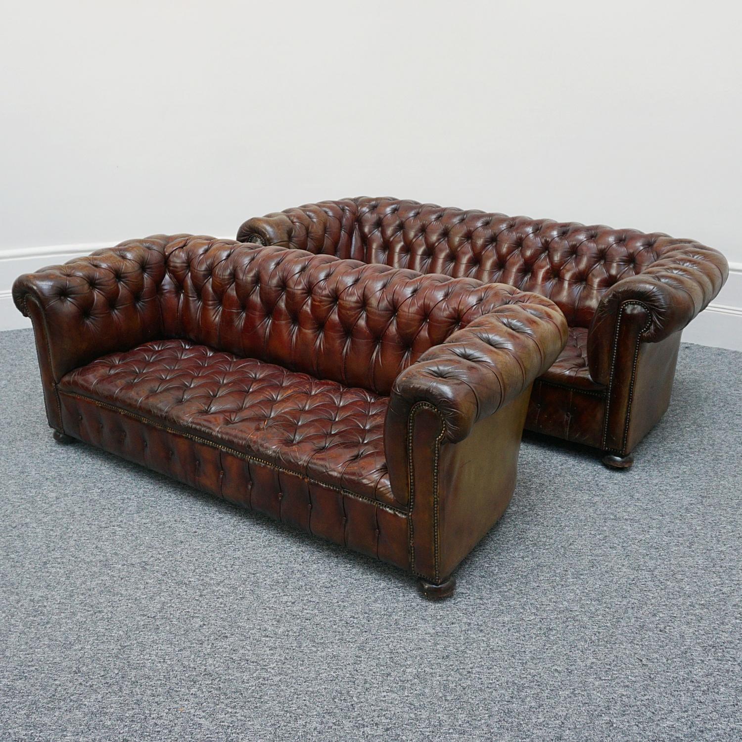 English Pair of Mid-Century Chesterfield Leather Sofa's