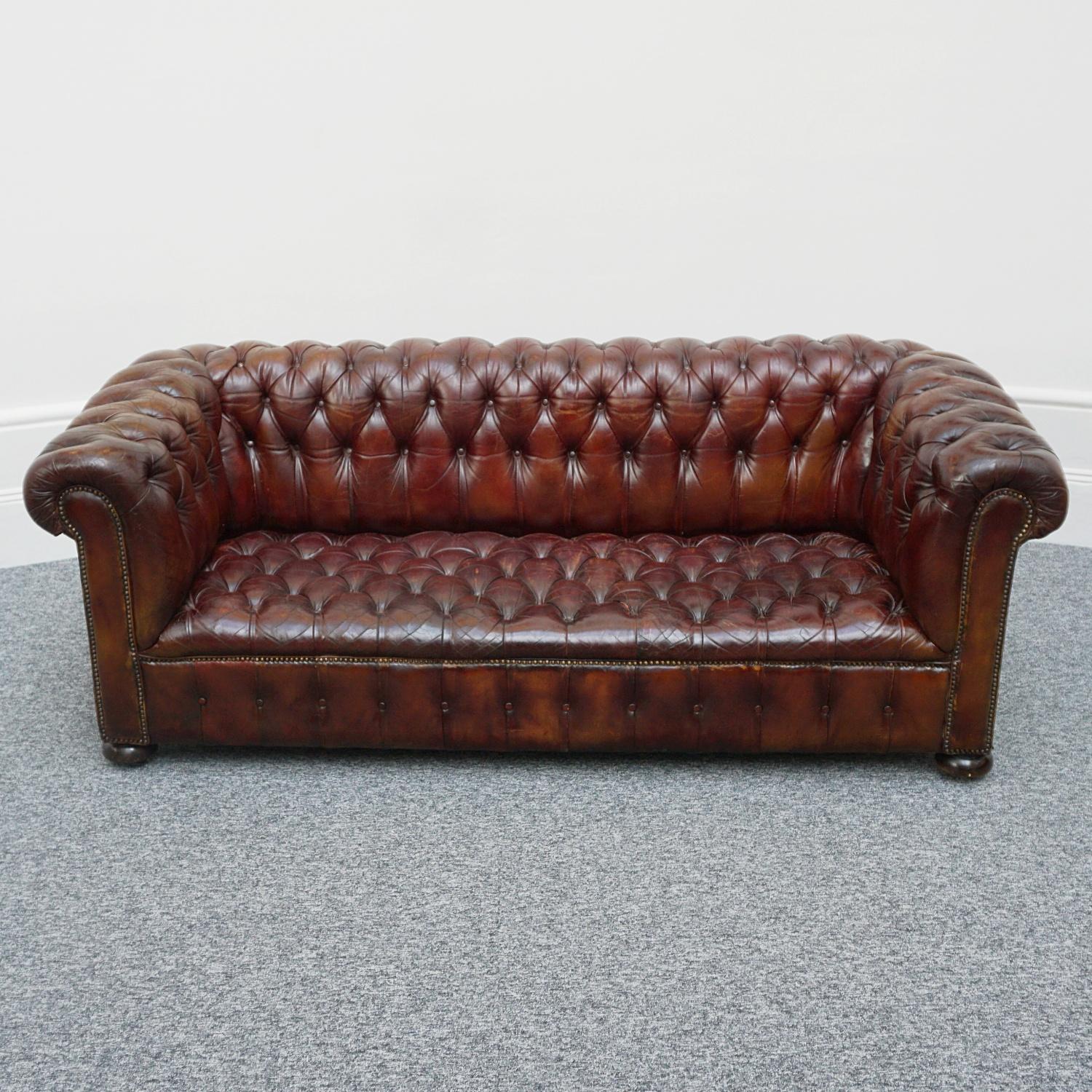 Pair of Mid-Century Chesterfield Leather Sofa's In Fair Condition In Forest Row, East Sussex
