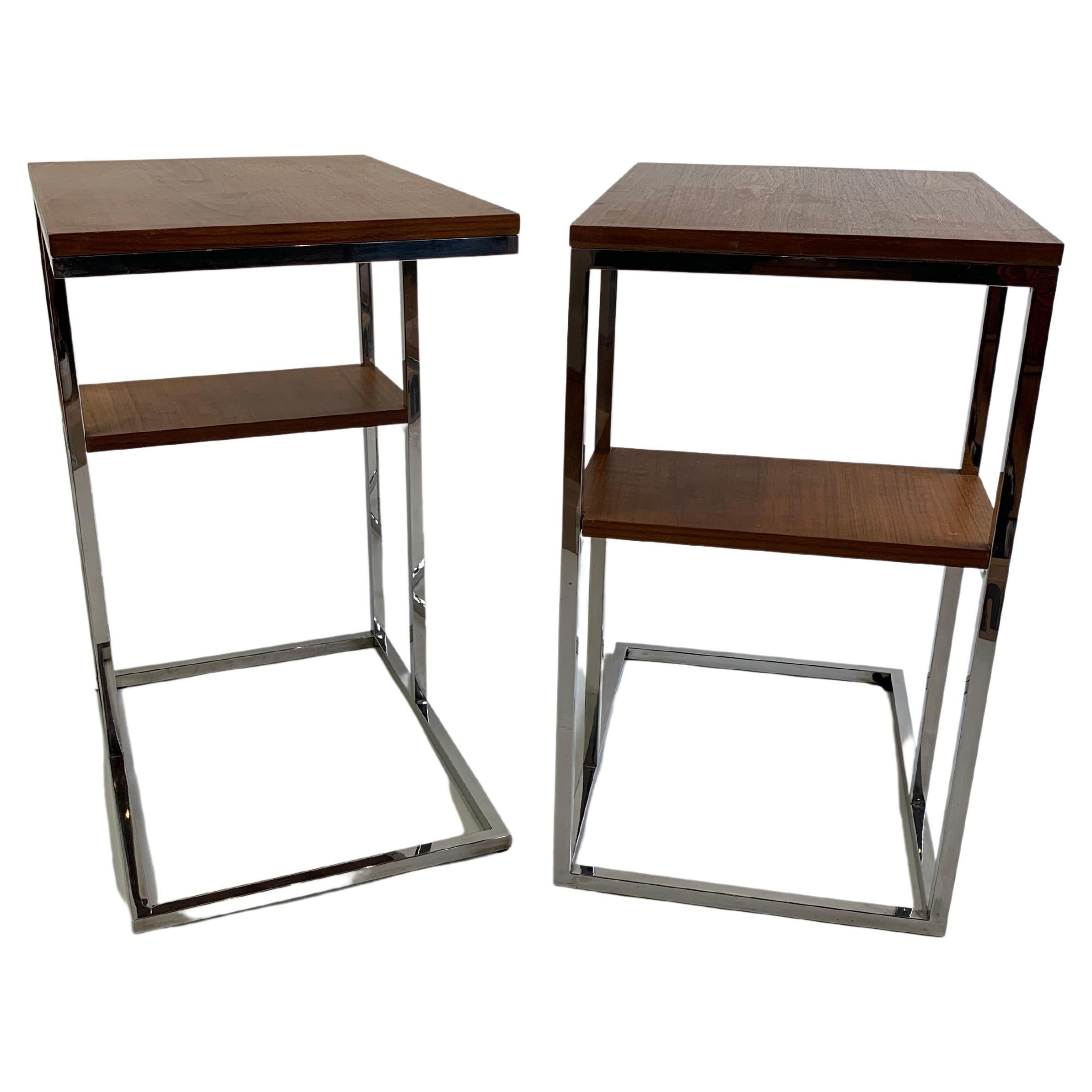Pair of Midcentury Chrome and Teak Side Tables For Sale