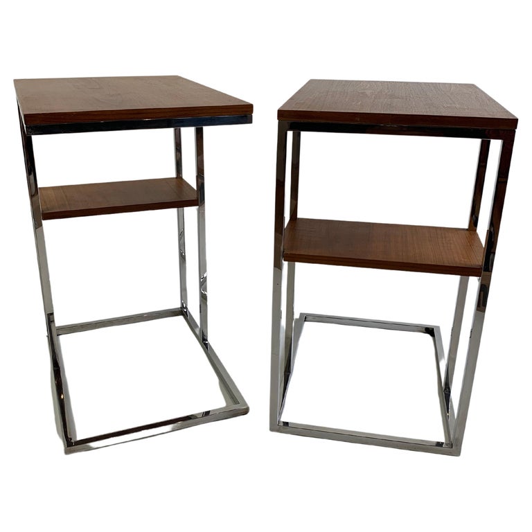 Pair of Midcentury Chrome and Teak Side Tables For Sale at 1stDibs