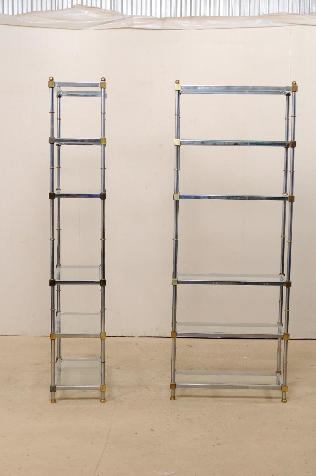 American Pair of Midcentury Chrome and Glass Open Display Shelves, Maison Jansen Style