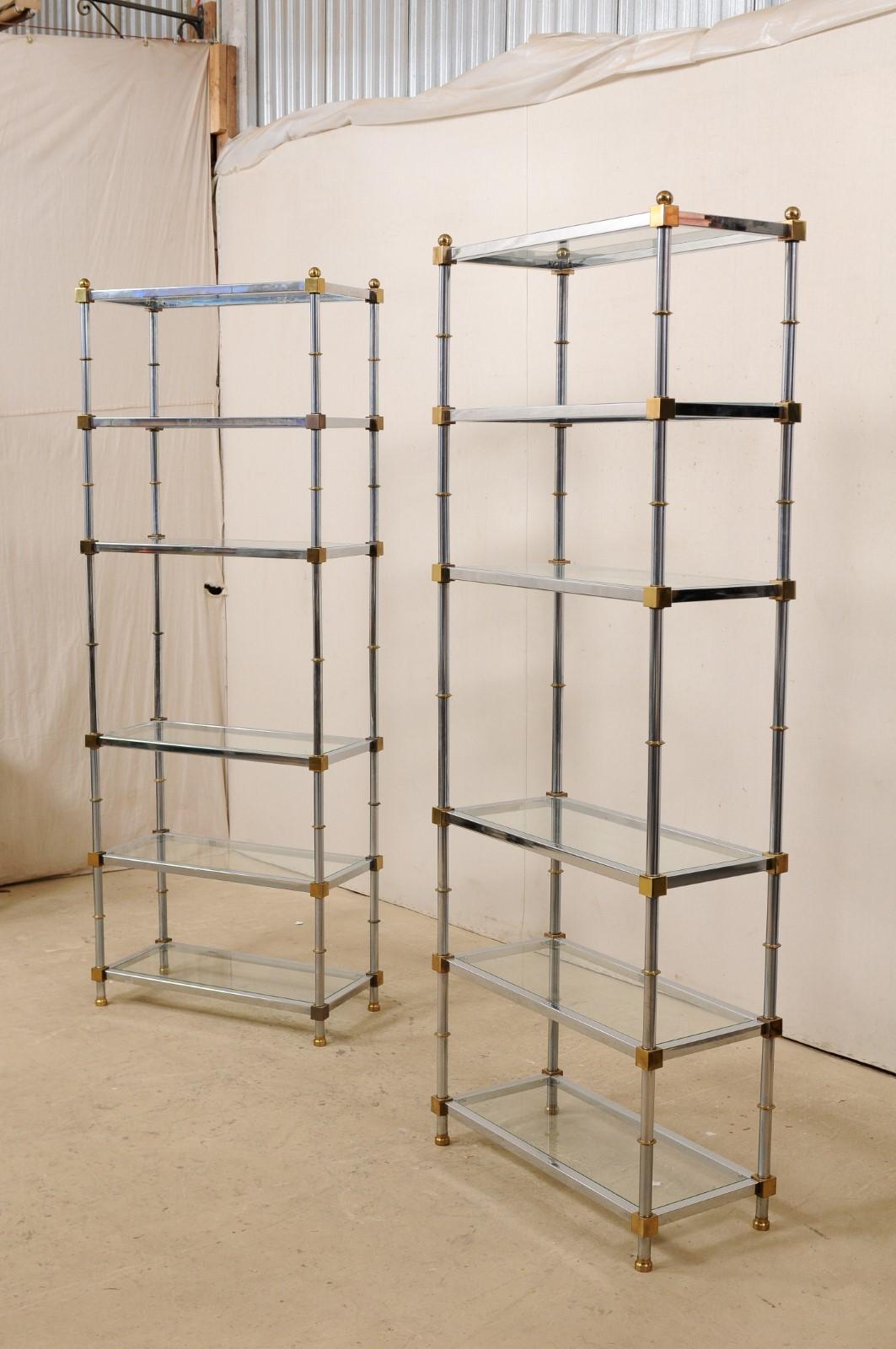 Pair of Midcentury Chrome and Glass Open Display Shelves, Maison Jansen Style In Good Condition In Atlanta, GA