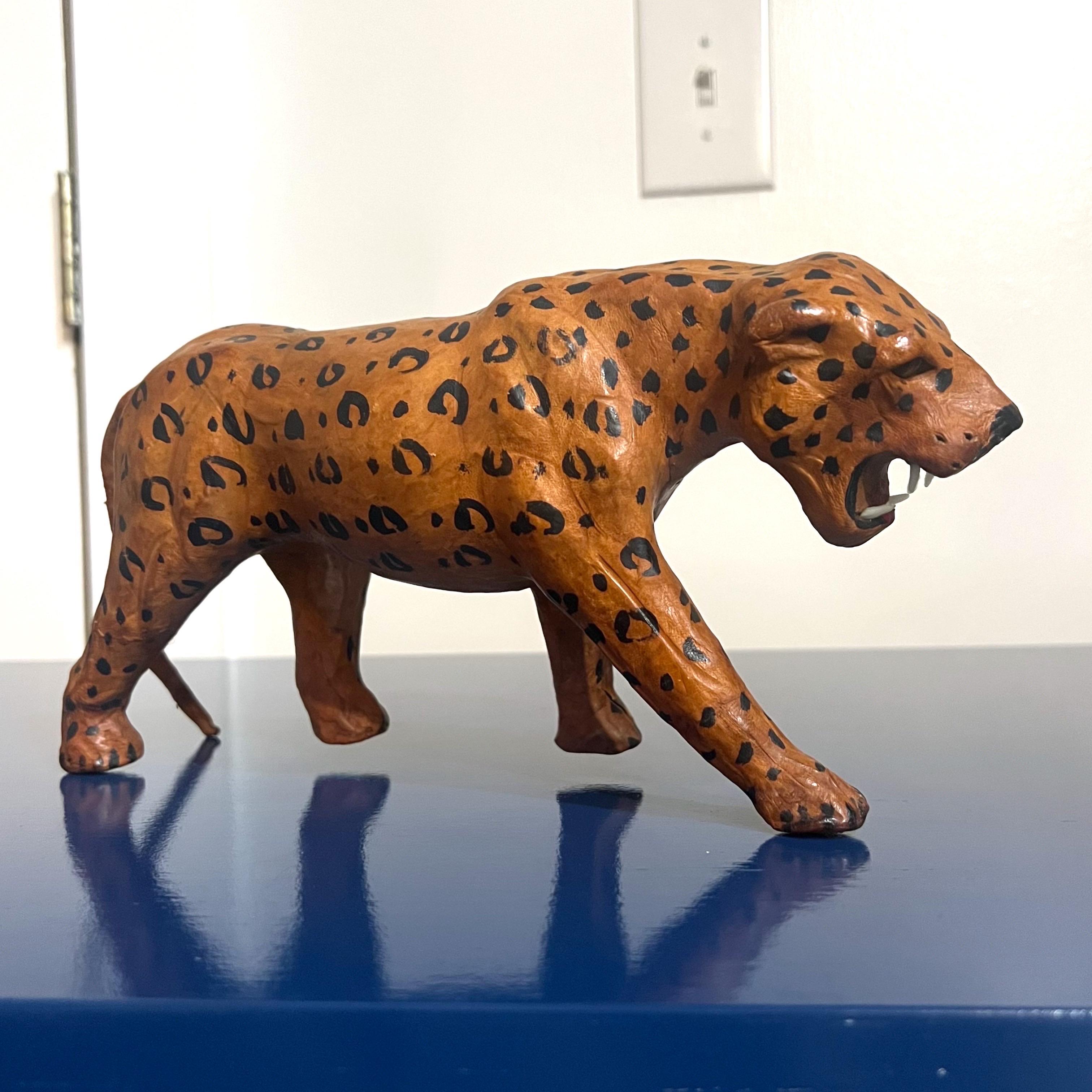 Pair of Mid-Century Folk Art Leather and Paper Mache Big Cat Figures For Sale 5