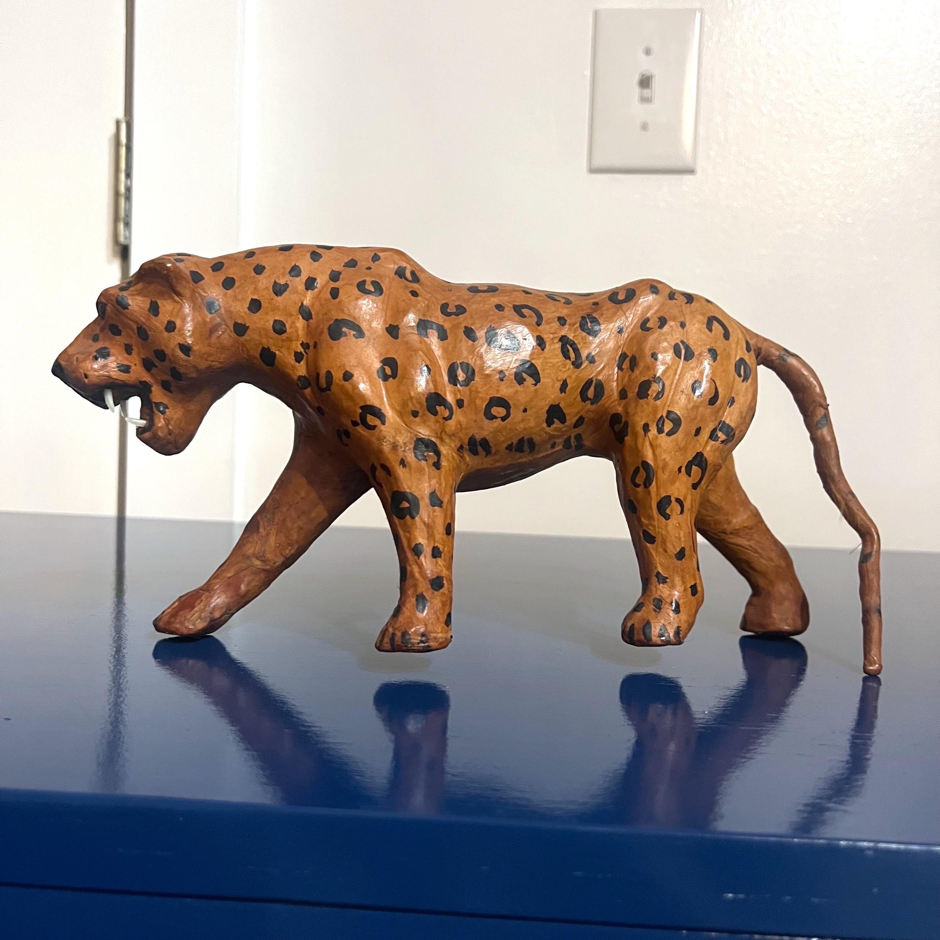Pair of Mid-Century Folk Art Leather and Paper Mache Big Cat Figures For Sale 7