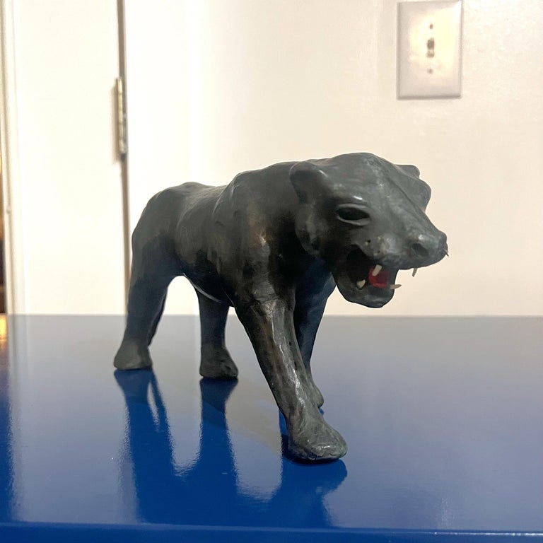 Pair of MidCentury Folk Art Leather and Paper Mache Big Cat Figures