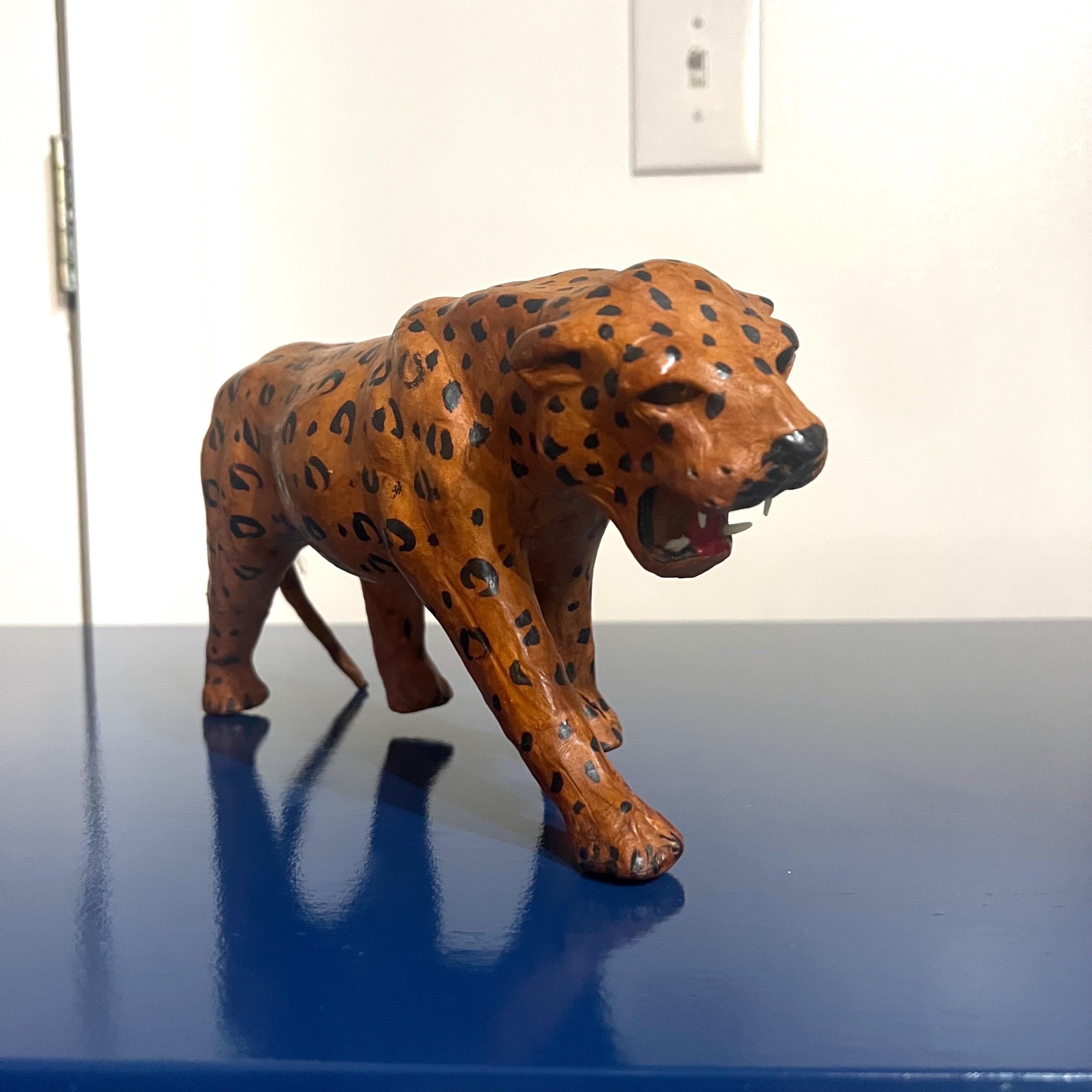 Pair of Mid-Century Folk Art Leather and Paper Mache Big Cat Figures For Sale 4