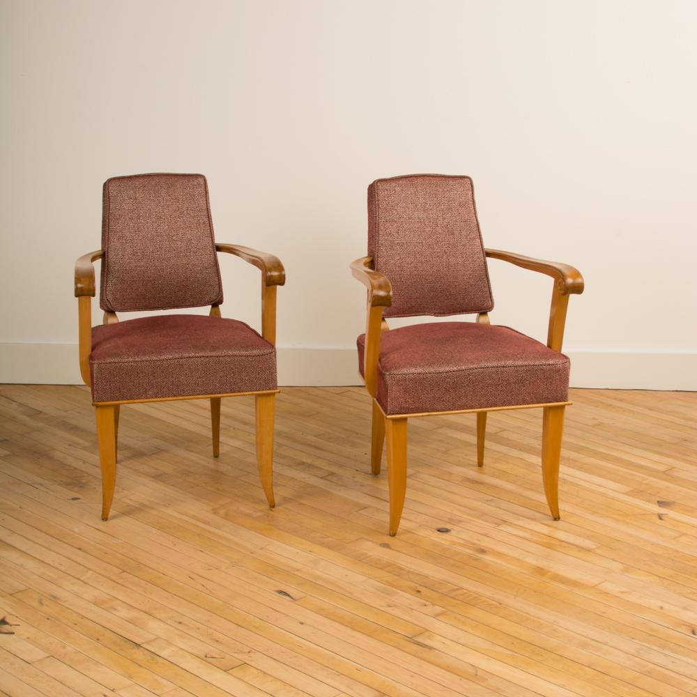 A pair of stylish French sycamore armchairs circa 1940 in the manner of Andre Arbus.