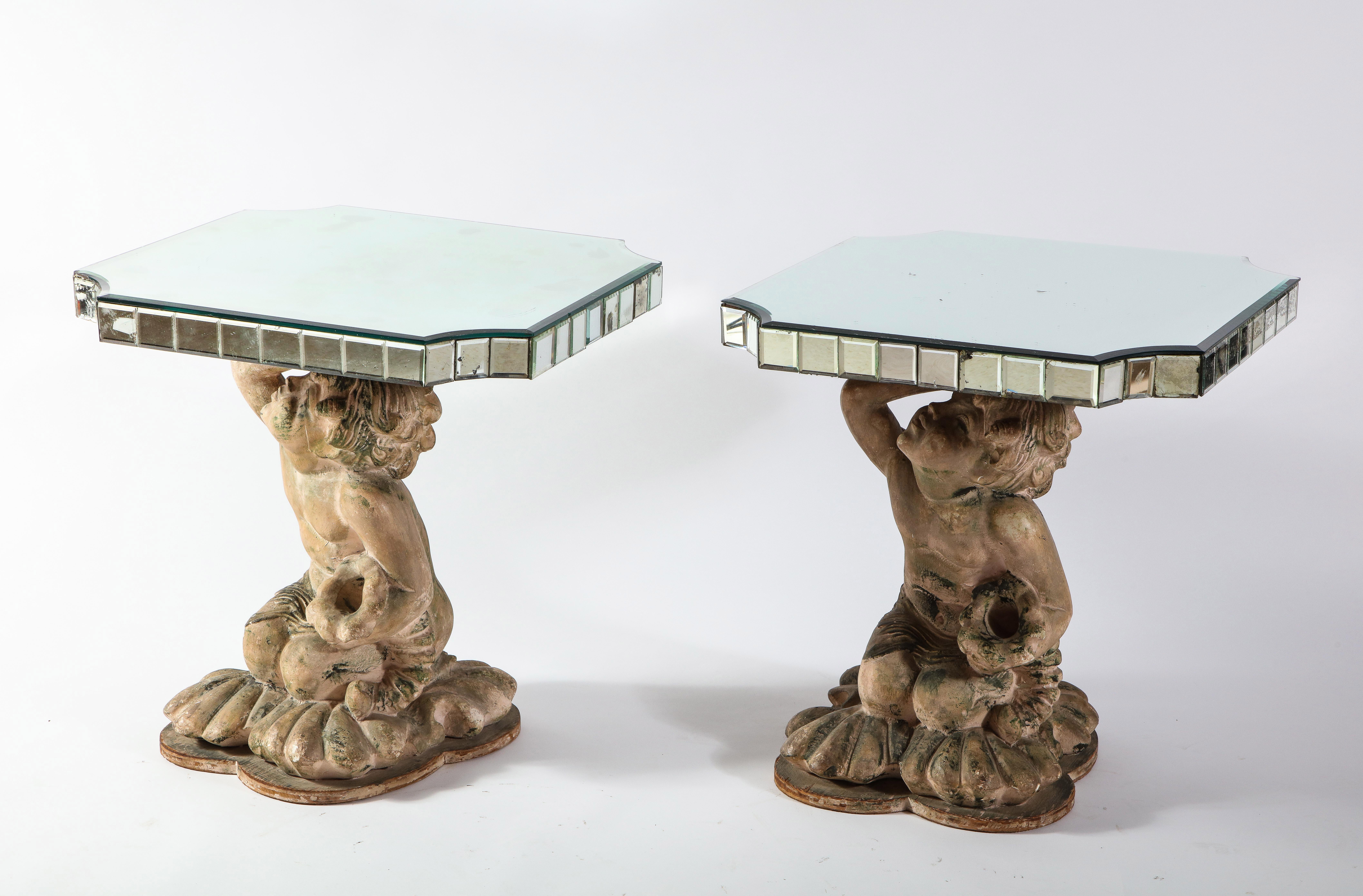 Hand-Carved Pair of Midcentury French Terracotta Mirrored and Figural Side Tables For Sale