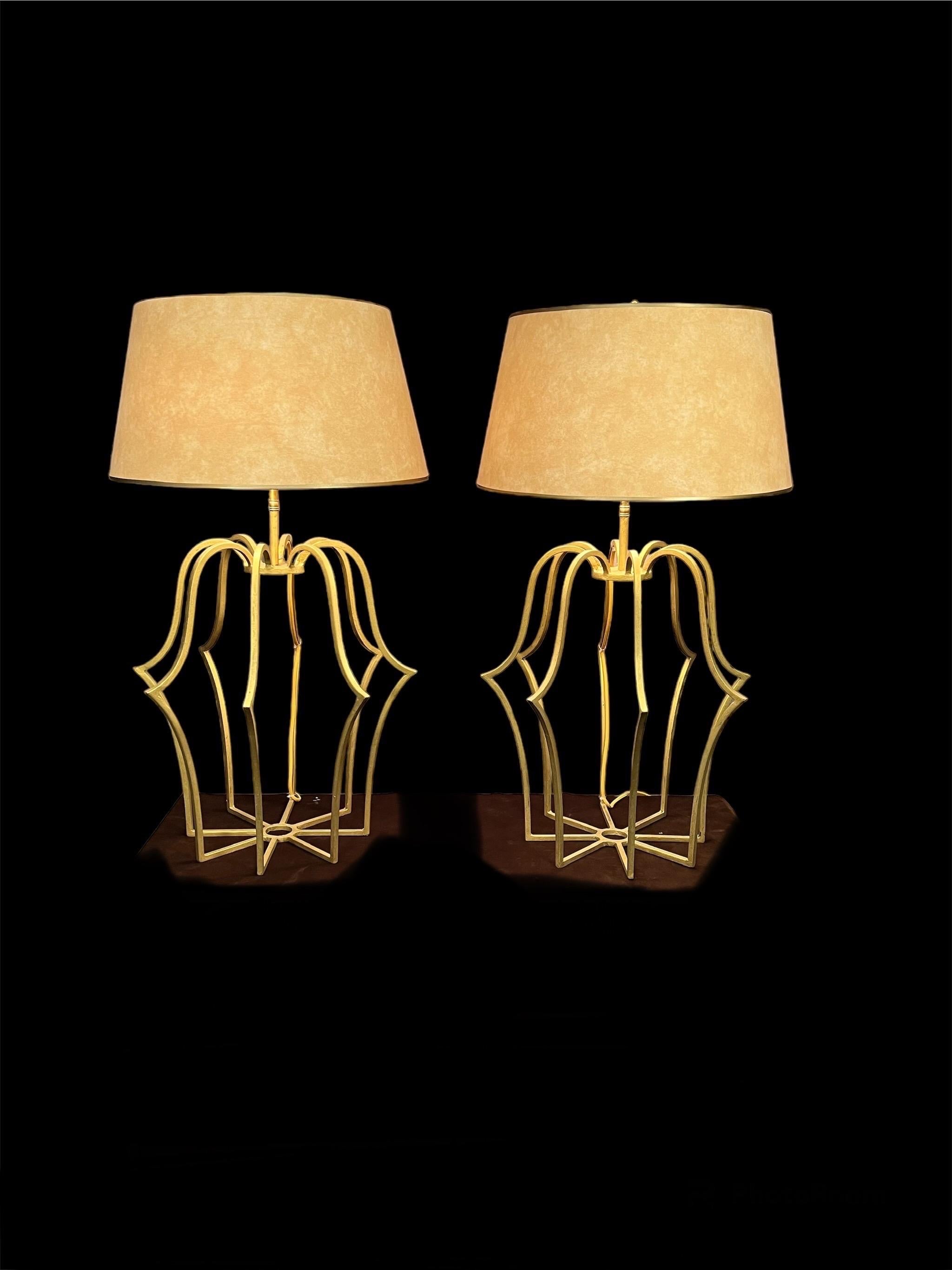 Mid-Century Modern A Pair of Mid Century Gilt-Iron Lamps  For Sale