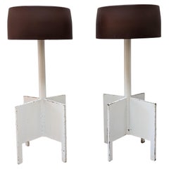 Pair of Mid-Century 'Hermes' Bar Stools with a Brown Seat and White Metal Legs